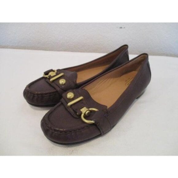 *Coach Brown Chocolate Gold Button Logo Accent Loafer Flats - Picture 2 of 7